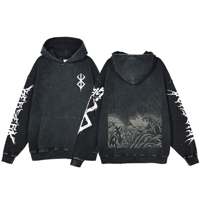 Berserk Anime Acid Washed Hoodie Ανδρικά ρούχα Vintage Βαμβακερές κουκούλες Γυναικείες μπλούζες με κουκούλα χιπ χοπ Y2K Ρούχα υπερμεγέθη