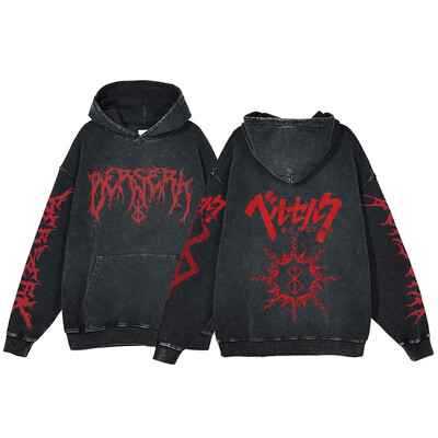 Berserk Anime Acid Washed Hoodie Ανδρικά ρούχα Vintage Βαμβακερές κουκούλες Γυναικείες μπλούζες με κουκούλα χιπ χοπ Y2K Ρούχα υπερμεγέθη