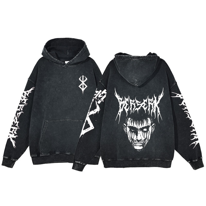 Berserk Anime Acid Washed Hoodie Ανδρικά ρούχα Vintage Βαμβακερές κουκούλες Γυναικείες μπλούζες με κουκούλα χιπ χοπ Y2K Ρούχα υπερμεγέθη