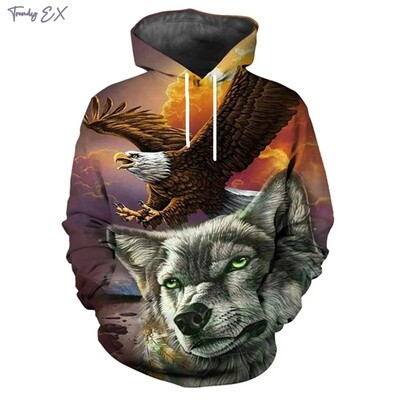 Φούτερ για άντρες Eagle and Wolf Print Street Sports Y2k Hoodies Outdoor Casual Kangaroo με μακρυμάνικο μπλουζάκια Ανδρικά ρούχα