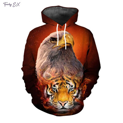 Vīriešu sporta krekli Ērglis un vilks Print Street Sports Y2k Hoodies Outdoor Ikdienas Kangaroo Kabatas topi ar garām piedurknēm Vīriešu apģērbi