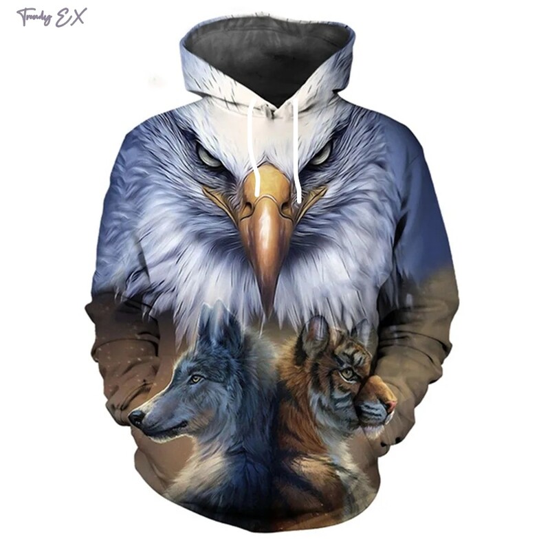 Vīriešu sporta krekli Ērglis un vilks Print Street Sports Y2k Hoodies Outdoor Ikdienas Kangaroo Kabatas topi ar garām piedurknēm Vīriešu apģērbi