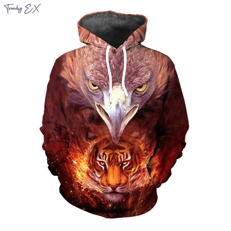 Vīriešu sporta krekli Ērglis un vilks Print Street Sports Y2k Hoodies Outdoor Ikdienas Kangaroo Kabatas topi ar garām piedurknēm Vīriešu apģērbi