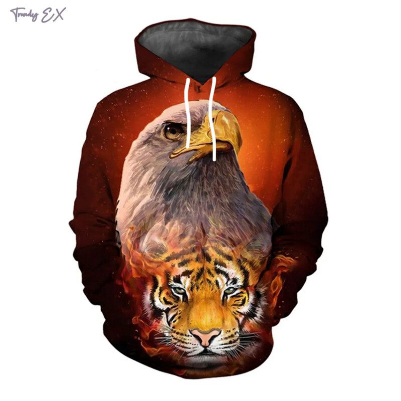 Vīriešu sporta krekli Ērglis un vilks Print Street Sports Y2k Hoodies Outdoor Ikdienas Kangaroo Kabatas topi ar garām piedurknēm Vīriešu apģērbi