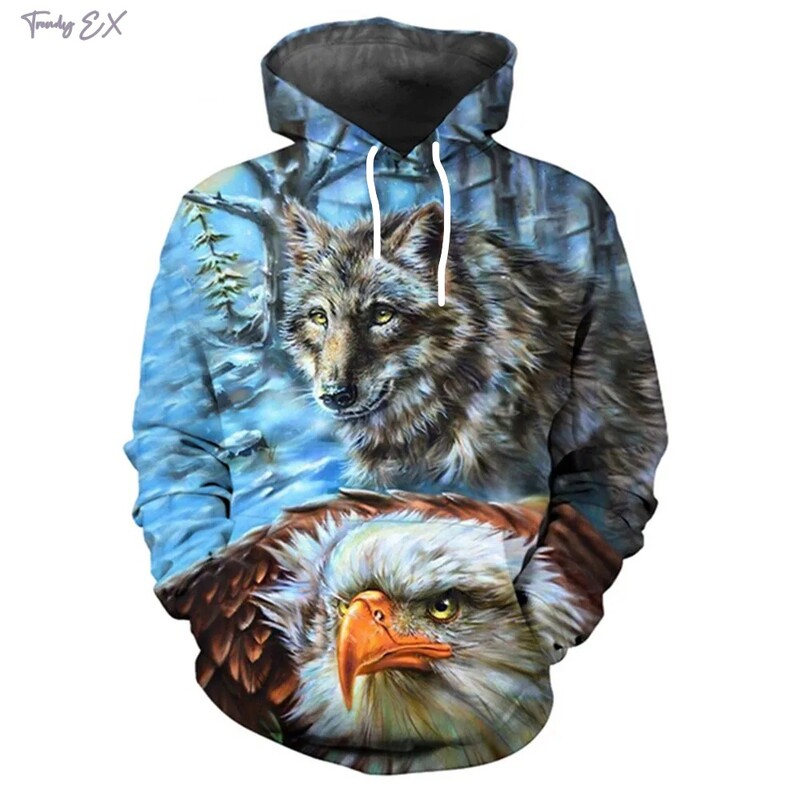 Vīriešu sporta krekli Ērglis un vilks Print Street Sports Y2k Hoodies Outdoor Ikdienas Kangaroo Kabatas topi ar garām piedurknēm Vīriešu apģērbi