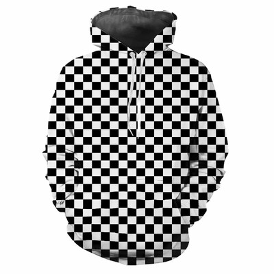 Hanoră cu glugă pentru bărbați la modă, cu modele de carouri negre, imprimare digitală, ocazional, cu mâneci lungi, cu glugă, din stofă groasă