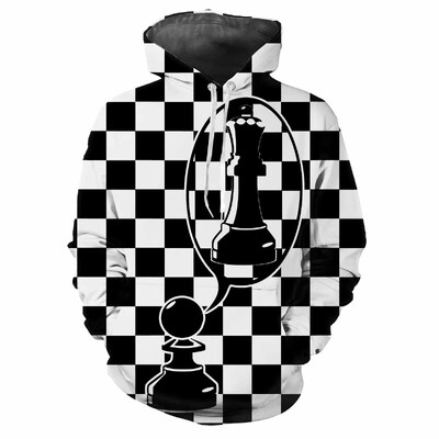 Hanoră cu glugă pentru bărbați la modă, cu modele de carouri negre, imprimare digitală, ocazional, cu mâneci lungi, cu glugă, din stofă groasă