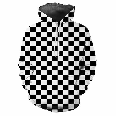 Hanoră cu glugă pentru bărbați la modă, cu modele de carouri negre, imprimare digitală, ocazional, cu mâneci lungi, cu glugă, din stofă groasă