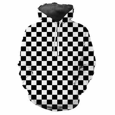 Hanoră cu glugă pentru bărbați la modă, cu modele de carouri negre, imprimare digitală, ocazional, cu mâneci lungi, cu glugă, din stofă groasă