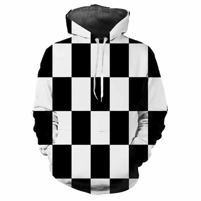 Hanoră cu glugă pentru bărbați la modă, cu modele de carouri negre, imprimare digitală, ocazional, cu mâneci lungi, cu glugă, din stofă groasă