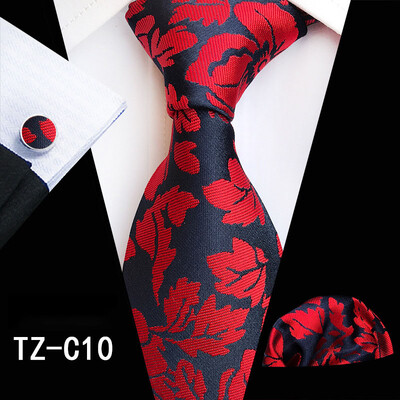 Ricnais Fashion 8cm muški set svilenih kravata Crveno zeleni cvjetni rupčić Dugmad za manžete Kravata Odijelo Poslovni vjenčani set kravata Poklon