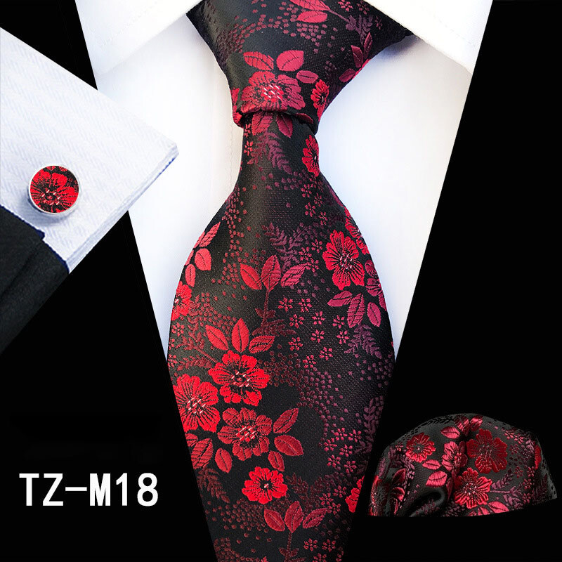 Ricnais Fashion 8cm muški set svilenih kravata Crveno zeleni cvjetni rupčić Dugmad za manžete Kravata Odijelo Poslovni vjenčani set kravata Poklon