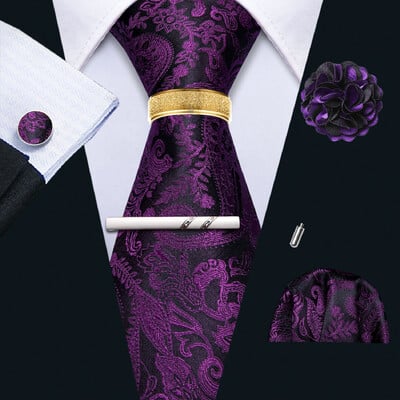 Barry.Wang Mătase pentru bărbați cravată cu butoni cu clemă pentru broșă set de inele roz liliac albastru roșu aur roșu cravată masculină nuntă evenimente de afaceri