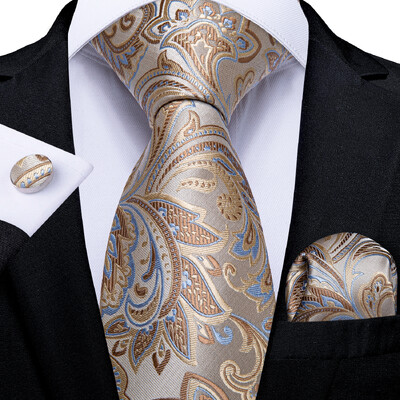 DiBanGu Gift férfi nyakkendő Light Champagne Paisley Silk esküvői nyakkendő férfiaknak Új design Hanky mandzsettagomb minőségi férfi nyakkendő szett Dropshipping