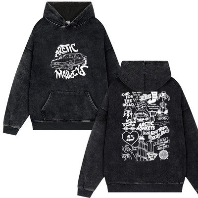 Rock Arctic Monkeys 2024 turnejas mūzikas ierakstu saraksta drukāšana Vintage Washed Vīrieši Sieviešu Hip Hop Retro Modes Lielizmēra ielas apģērba džemperis