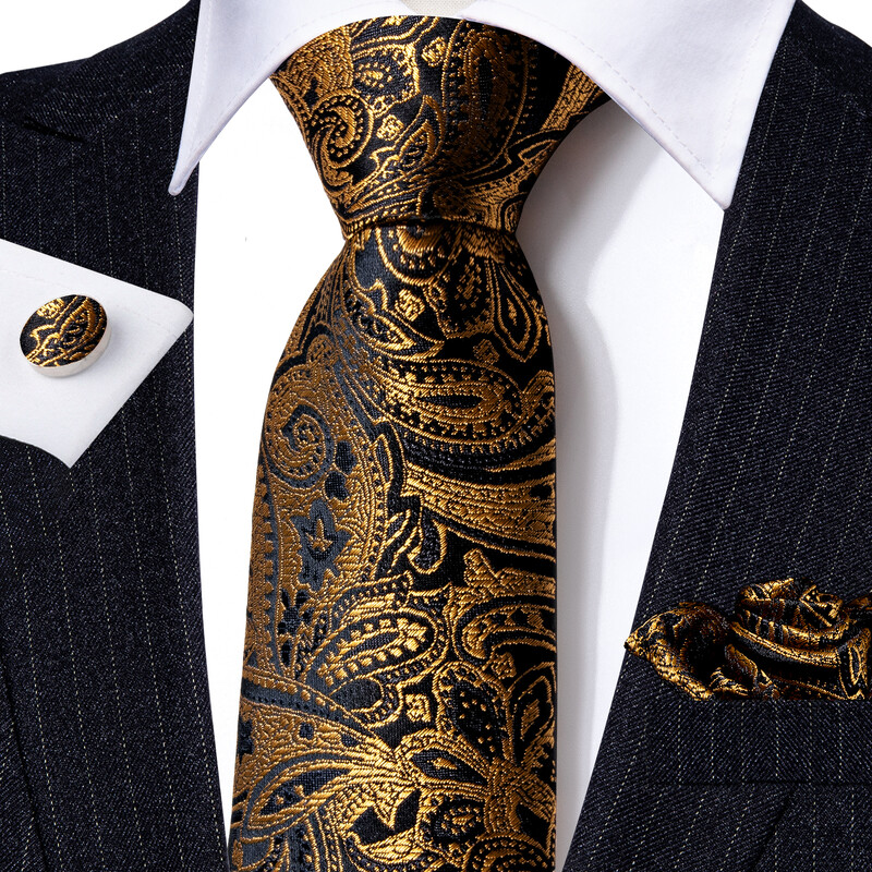 Barry.Wang dizaina vīriešu kaklasaites žakarda kaklasaite kabatas kvadrātveida aproču pogu komplekts vīriešu kāzām biznesam Zelts sarkans pelēks formāls ikdienas