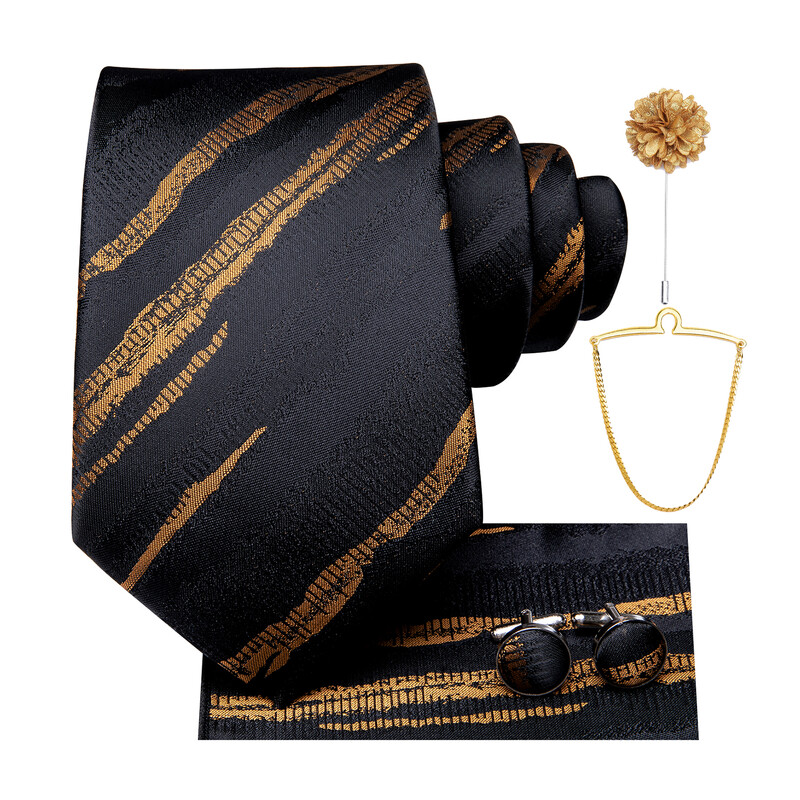 Hi-Tie Fashion vīriešu zeltaini, melni svītraina, zīdaina kaklasaite un aproču pogas, kabatlakats un kaklasaites ķēde un piespraude Modes kāzu aksesuāri biznesam