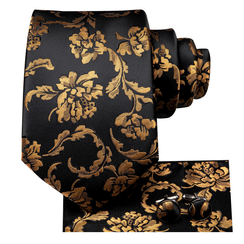 Hi-Tie Designer de lux, auriu, negru, florală, mătase, cravată de afaceri pentru bărbați, cadou pentru butoni, cravată de modă pentru bărbați, petrecere de afaceri