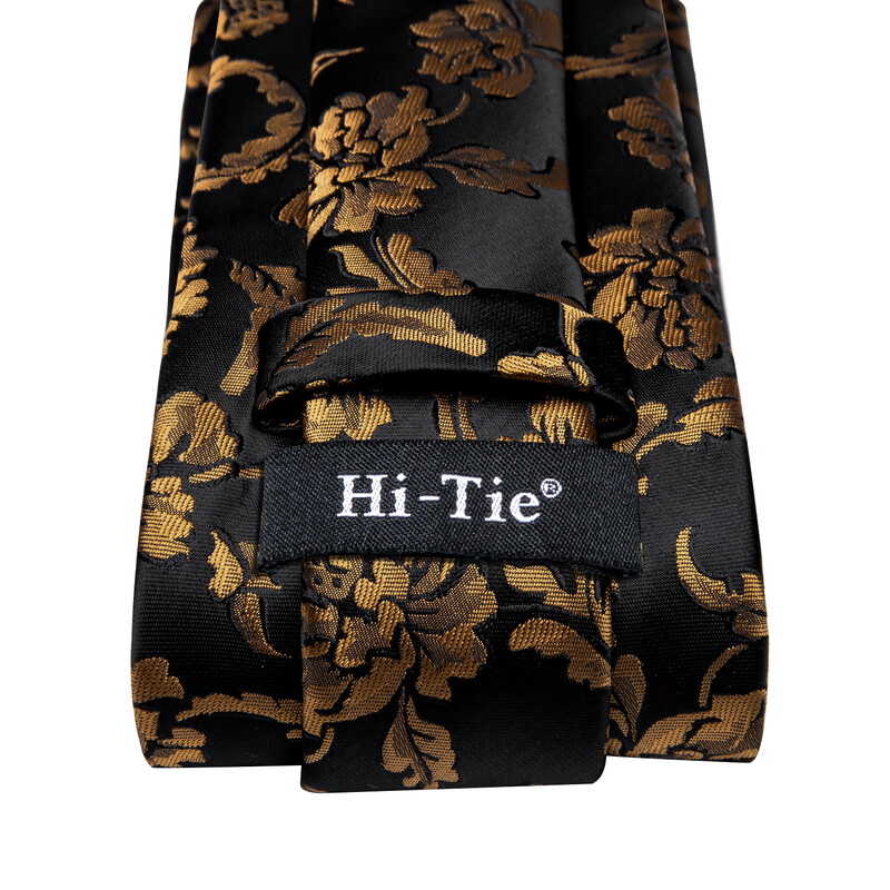 Hi-Tie Designer de lux, auriu, negru, florală, mătase, cravată de afaceri pentru bărbați, cadou pentru butoni, cravată de modă pentru bărbați, petrecere de afaceri