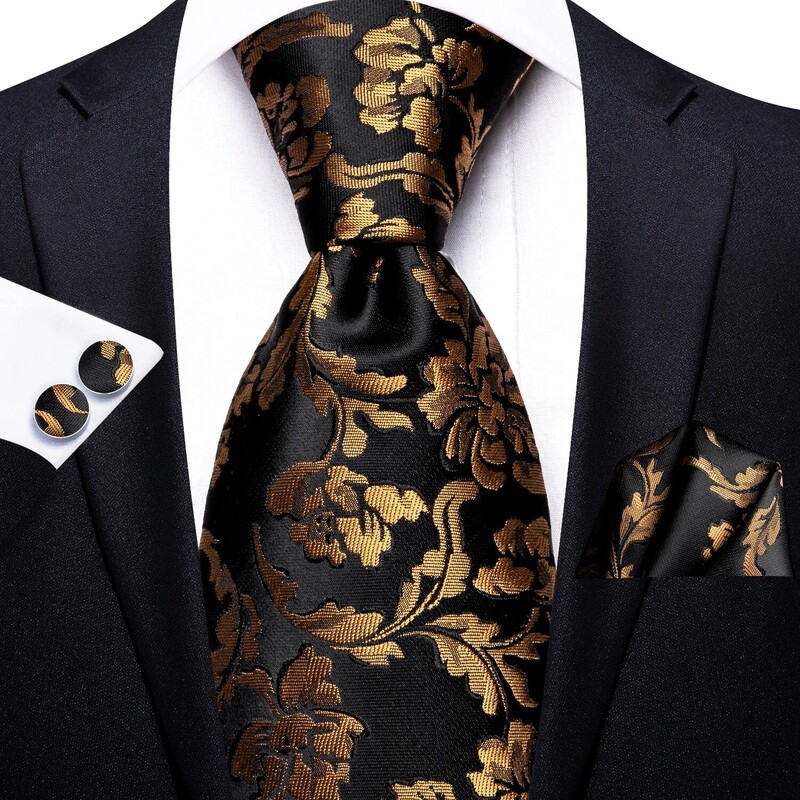 Hi-Tie Designer de lux, auriu, negru, florală, mătase, cravată de afaceri pentru bărbați, cadou pentru butoni, cravată de modă pentru bărbați, petrecere de afaceri