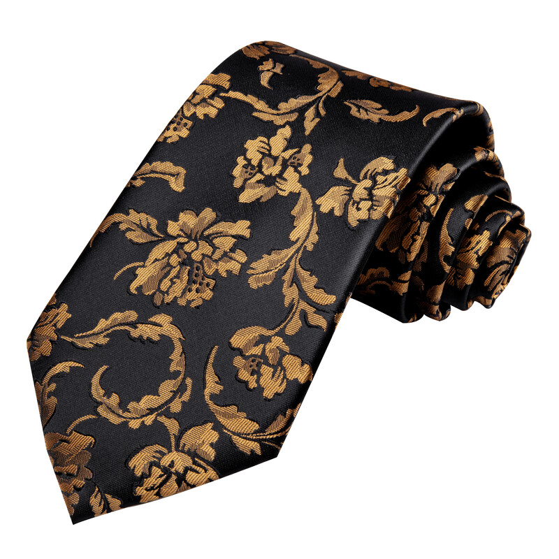 Hi-Tie Designer de lux, auriu, negru, florală, mătase, cravată de afaceri pentru bărbați, cadou pentru butoni, cravată de modă pentru bărbați, petrecere de afaceri