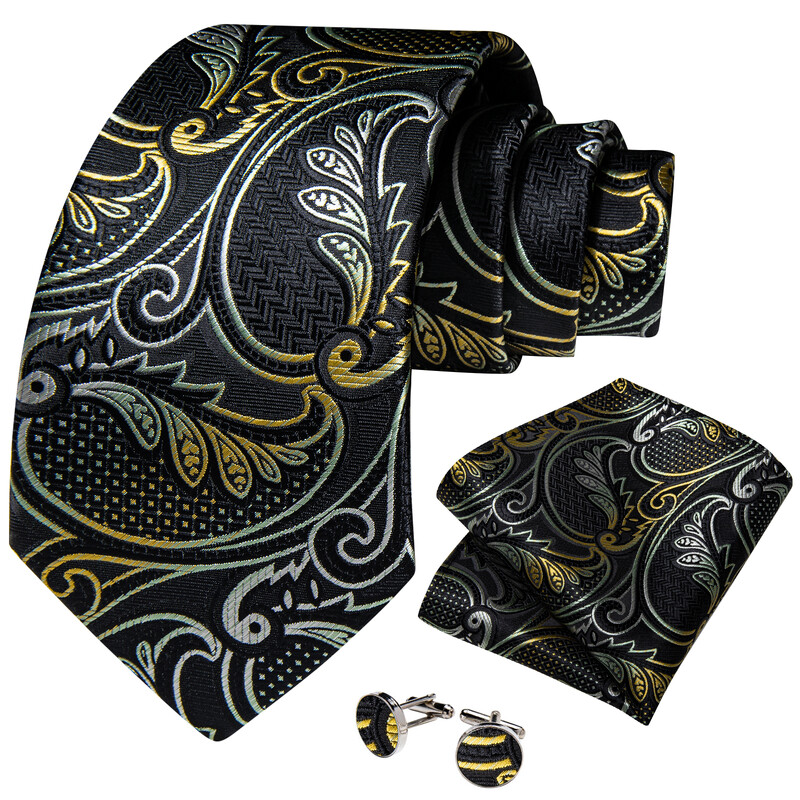 Arany Paisley fekete selyem nyakkendők férfiaknak luxus esküvői kiegészítők 8 cm nyakkendő zseb négyzet mandzsettagombok Dropshipping férfi ajándék