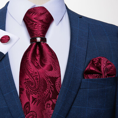 Sarkanas cietas kaklasaites vīriešiem Biznesa kāzu kaklasaite ar nerūsējošā tērauda pūķa gredzenu kabatlakats Luksusa Gravata vīriešu aksesuāri