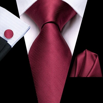 Hi-Tie Dizajnérska Jednofarebná Bordovo Červená Hodvábna Svadobná Kravata Pre Mužov Darček Pánska Kravata Handky Manžetové Gombík Móda Obchodné Párty Dropshipping