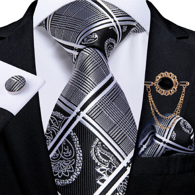 Fekete és ezüst Paisley virágos nyakkendő férfiaknak 8 cm üzleti esküvői nyakkendő zsebkendő luxus kristály bross DiBanGu