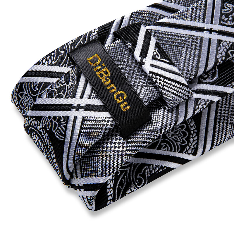 Fekete és ezüst Paisley virágos nyakkendő férfiaknak 8 cm üzleti esküvői nyakkendő zsebkendő luxus kristály bross DiBanGu