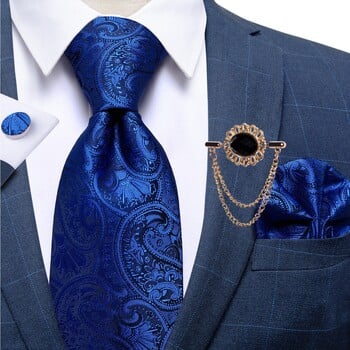 Royal Blue Ανδρικές μεταξωτές γραβάτες Paisley τετράγωνα μανικετόκουμπα τσέπης Πολυτελής καρφίτσα επαγγελματική γραβάτα γάμου Σετ δώρου για άντρες DiBanGu