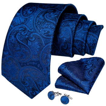 Royal Blue Ανδρικές μεταξωτές γραβάτες Paisley τετράγωνα μανικετόκουμπα τσέπης Πολυτελής καρφίτσα επαγγελματική γραβάτα γάμου Σετ δώρου για άντρες DiBanGu