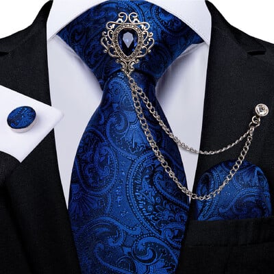 Royal Blue Ανδρικές μεταξωτές γραβάτες Paisley τετράγωνα μανικετόκουμπα τσέπης Πολυτελής καρφίτσα επαγγελματική γραβάτα γάμου Σετ δώρου για άντρες DiBanGu