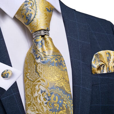 DiBanGu Cravată clasică pentru bărbați, 8 cm, mătase, jacquard, auriu, roșu, paisley, floral, de lux, pentru petrecere de nuntă, set pătrat de buzunar, cadou pentru tată