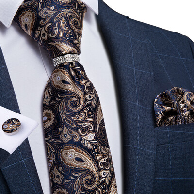 DiBanGu Cravată clasică pentru bărbați, 8 cm, mătase, jacquard, auriu, roșu, paisley, floral, de lux, pentru petrecere de nuntă, set pătrat de buzunar, cadou pentru tată