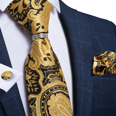 DiBanGu Cravată clasică pentru bărbați, 8 cm, mătase, jacquard, auriu, roșu, paisley, floral, de lux, pentru petrecere de nuntă, set pătrat de buzunar, cadou pentru tată