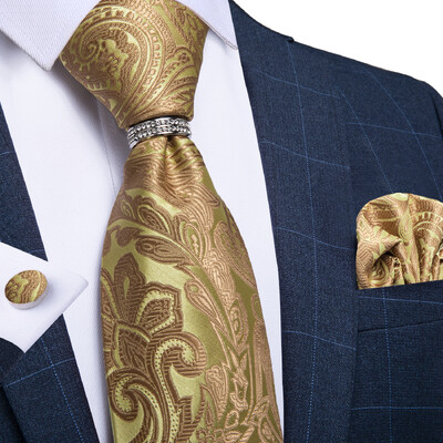 DiBanGu Cravată clasică pentru bărbați, 8 cm, mătase, jacquard, auriu, roșu, paisley, floral, de lux, pentru petrecere de nuntă, set pătrat de buzunar, cadou pentru tată