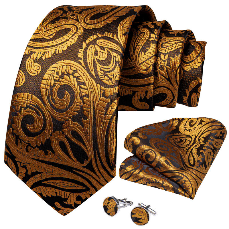 DiBanGu Cravată clasică pentru bărbați, 8 cm, mătase, jacquard, auriu, roșu, paisley, floral, de lux, pentru petrecere de nuntă, set pătrat de buzunar, cadou pentru tată