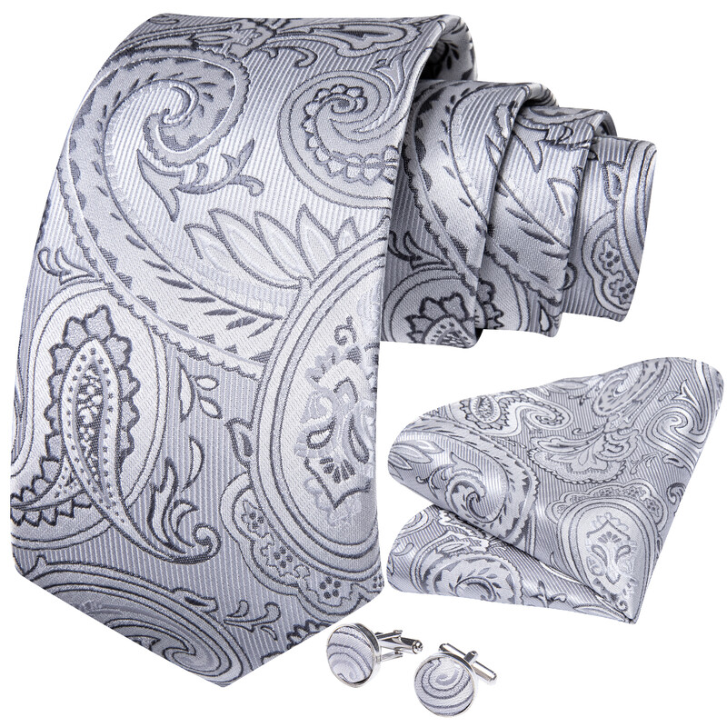 Sivá a zlatá farba Paisley 8cm kravata, vreckovka, manžetové gombíky, čierna, ružová, síra, kvetinové, svadobné, párty, hodvábne kravaty pre mužov, darček