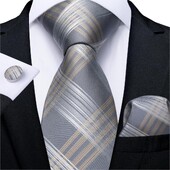 Férfi nyakkendő arany ezüst csíkos esküvői nyakkendő férfiaknak Hanky mandzsettagomb selyem férfi nyakkendő szett DiBanGu Designer Party Business Fashion MJ-7254