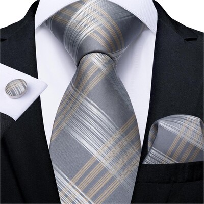 Férfi nyakkendő arany ezüst csíkos esküvői nyakkendő férfiaknak Hanky mandzsettagomb selyem férfi nyakkendő szett DiBanGu Designer Party Business Fashion MJ-7254