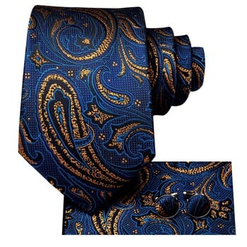 Business Navy Blue Gold Paisley Μεταξωτή Γαμήλια Γραβάτα Ανδρική Handky Μανικετόκουμπα Ανδρική γραβάτα Designer Fashion Party Dropshipping Hi-Tie