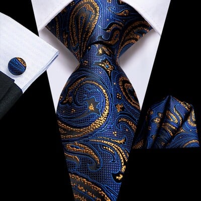 Business Navy Blue Gold Paisley Μεταξωτή Γαμήλια Γραβάτα Ανδρική Handky Μανικετόκουμπα Ανδρική γραβάτα Designer Fashion Party Dropshipping Hi-Tie