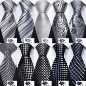Set cravate pentru bărbați la modă Mătase Gri Negru Argintiu Alb În carouri în dungi Solid Paisley Cravată Floral Gât Batistă Butoni Barry·Wang