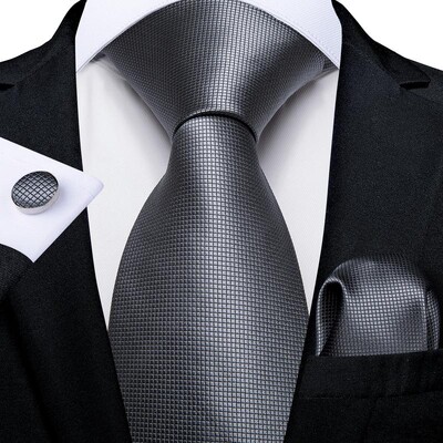 Set cravate pentru bărbați la modă Mătase Gri Negru Argintiu Alb În carouri în dungi Solid Paisley Cravată Floral Gât Batistă Butoni Barry·Wang