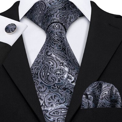 Set cravate pentru bărbați la modă Mătase Gri Negru Argintiu Alb În carouri în dungi Solid Paisley Cravată Floral Gât Batistă Butoni Barry·Wang