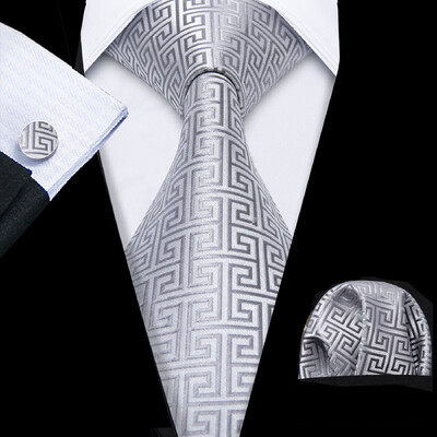 Set cravate pentru bărbați la modă Mătase Gri Negru Argintiu Alb În carouri în dungi Solid Paisley Cravată Floral Gât Batistă Butoni Barry·Wang