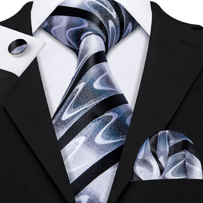 Set cravate pentru bărbați la modă Mătase Gri Negru Argintiu Alb În carouri în dungi Solid Paisley Cravată Floral Gât Batistă Butoni Barry·Wang