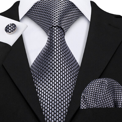 Set cravate pentru bărbați la modă Mătase Gri Negru Argintiu Alb În carouri în dungi Solid Paisley Cravată Floral Gât Batistă Butoni Barry·Wang