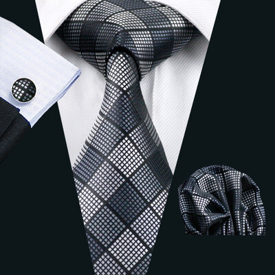 Set cravate pentru bărbați la modă Mătase Gri Negru Argintiu Alb În carouri în dungi Solid Paisley Cravată Floral Gât Batistă Butoni Barry·Wang